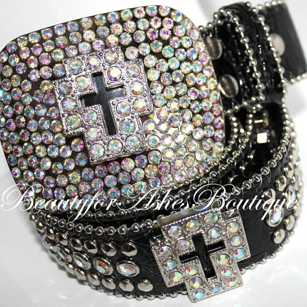 Western Black Bling Cross Belt & Buckle Aurora Borealis AB Crystal Accent ML